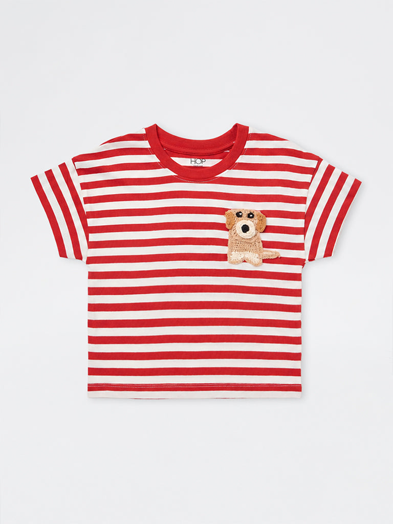 HOP Kids Girls Red Striped Cotton T-Shirt