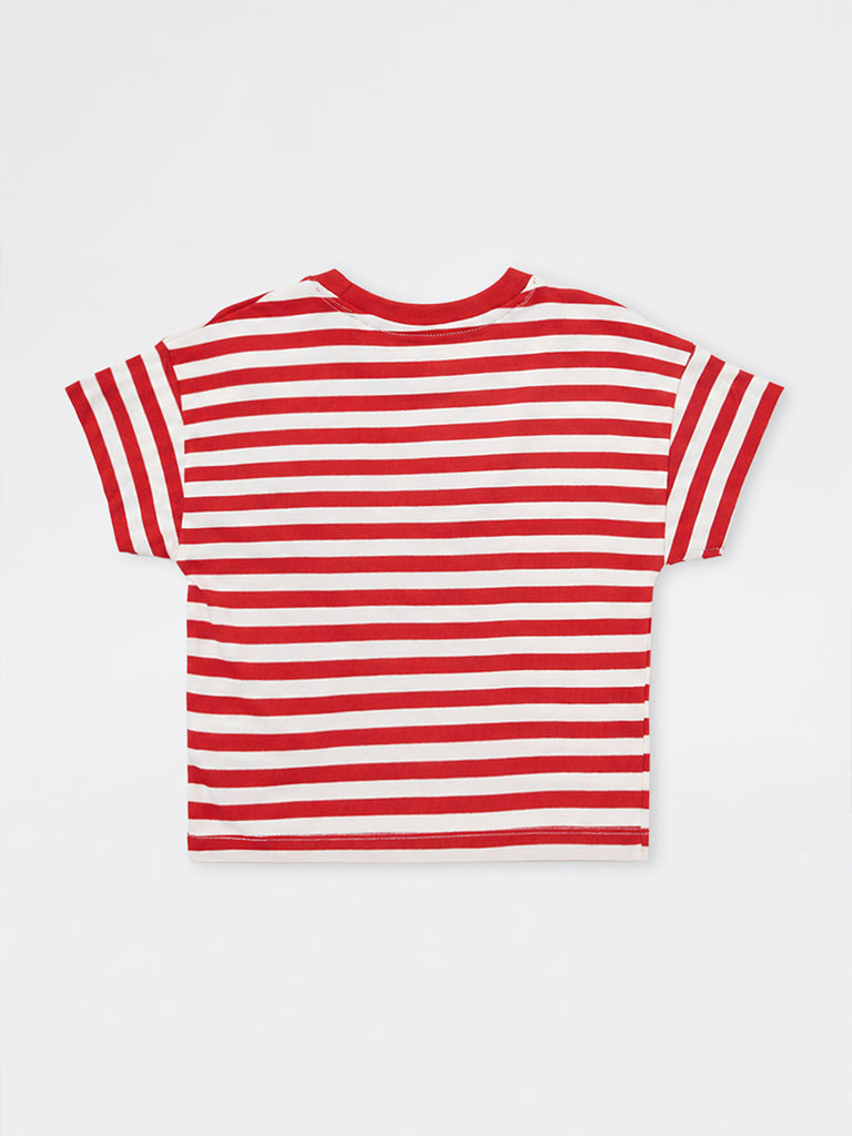 HOP Kids Girls Red Striped Cotton T-Shirt