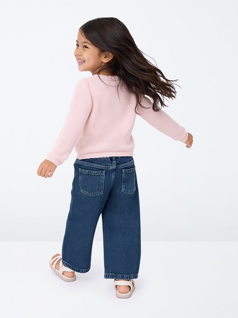 HOP Kids Girls Dark Blue Teddy Bear Embroidered High-Rise Jeans