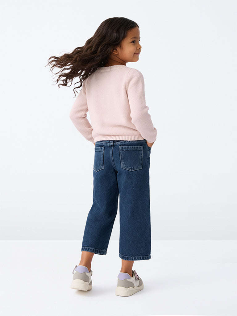 HOP Kids Girls Dark Blue Teddy Bear Embroidered High-Rise Jeans