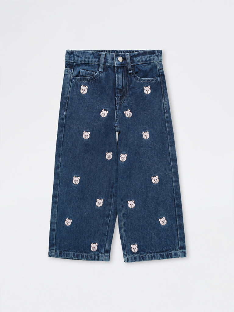 HOP Kids Girls Dark Blue Teddy Bear Embroidered High-Rise Jeans