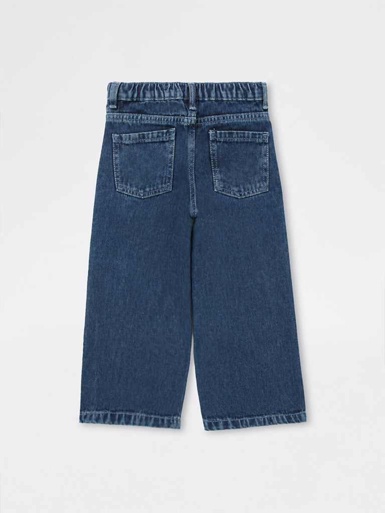HOP Kids Girls Dark Blue Teddy Bear Embroidered High-Rise Jeans