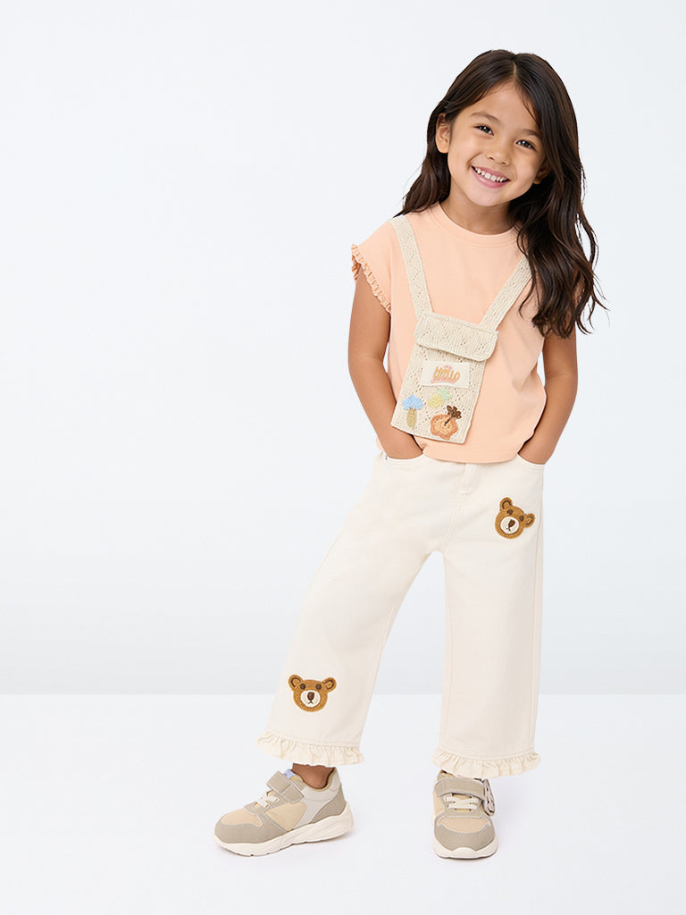 HOP Kids Girls Off-White Bear Embroidered High-Rise Jeans
