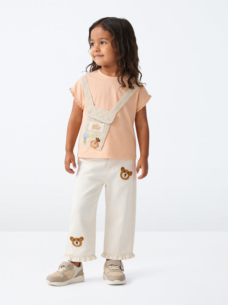 HOP Kids Girls Off-White Bear Embroidered High-Rise Jeans