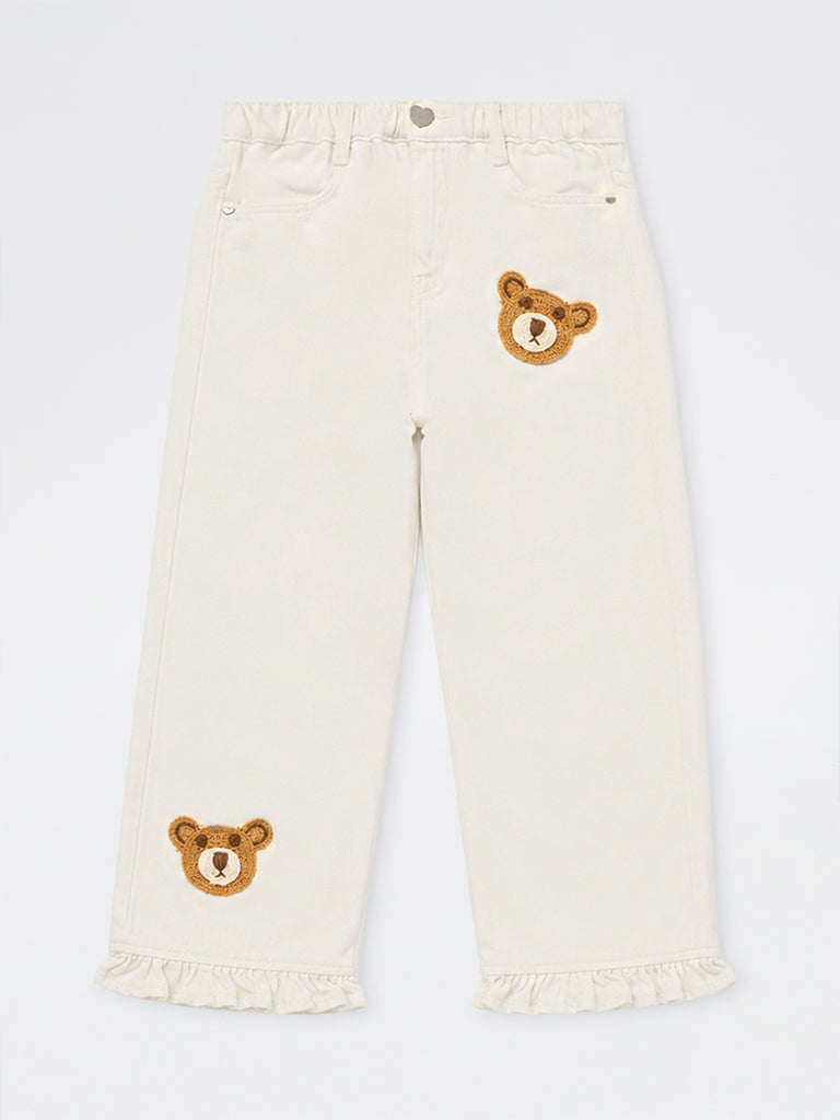 HOP Kids Girls Off-White Bear Embroidered High-Rise Jeans