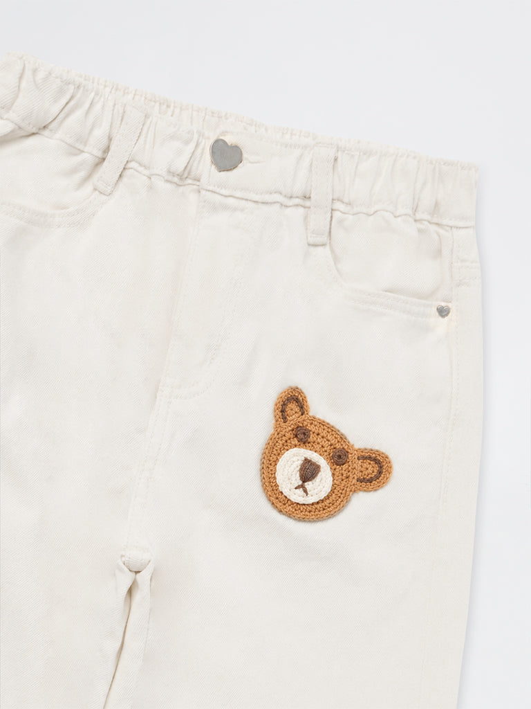 HOP Kids Girls Off-White Bear Embroidered High-Rise Jeans