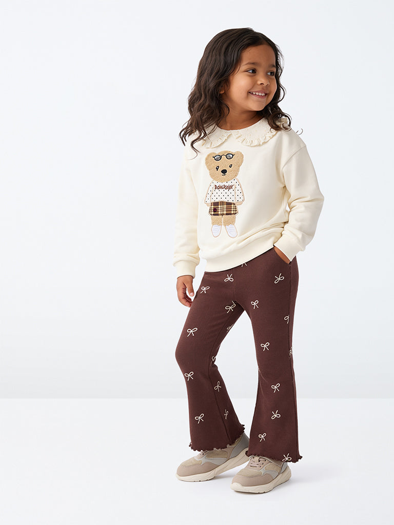 HOP Kids Girls Brown Bow Pattern High-Rise Cotton-Blend Pants