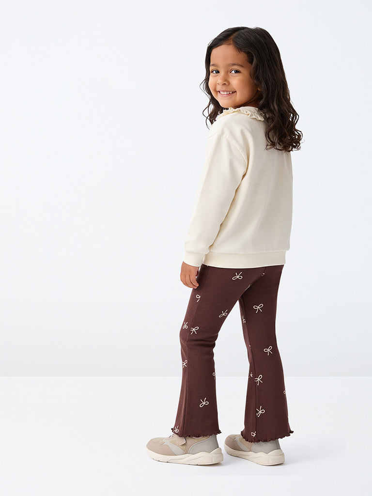 HOP Kids Girls Brown Bow Pattern High-Rise Cotton-Blend Pants