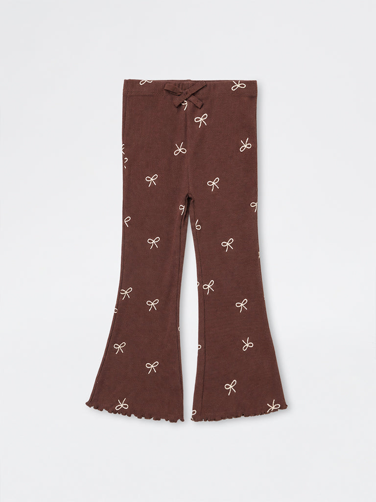 HOP Kids Girls Brown Bow Pattern High-Rise Cotton-Blend Pants