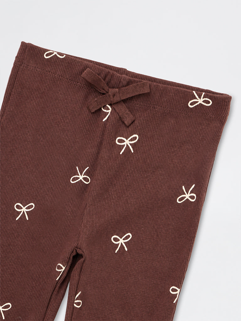 HOP Kids Girls Brown Bow Pattern High-Rise Cotton-Blend Pants