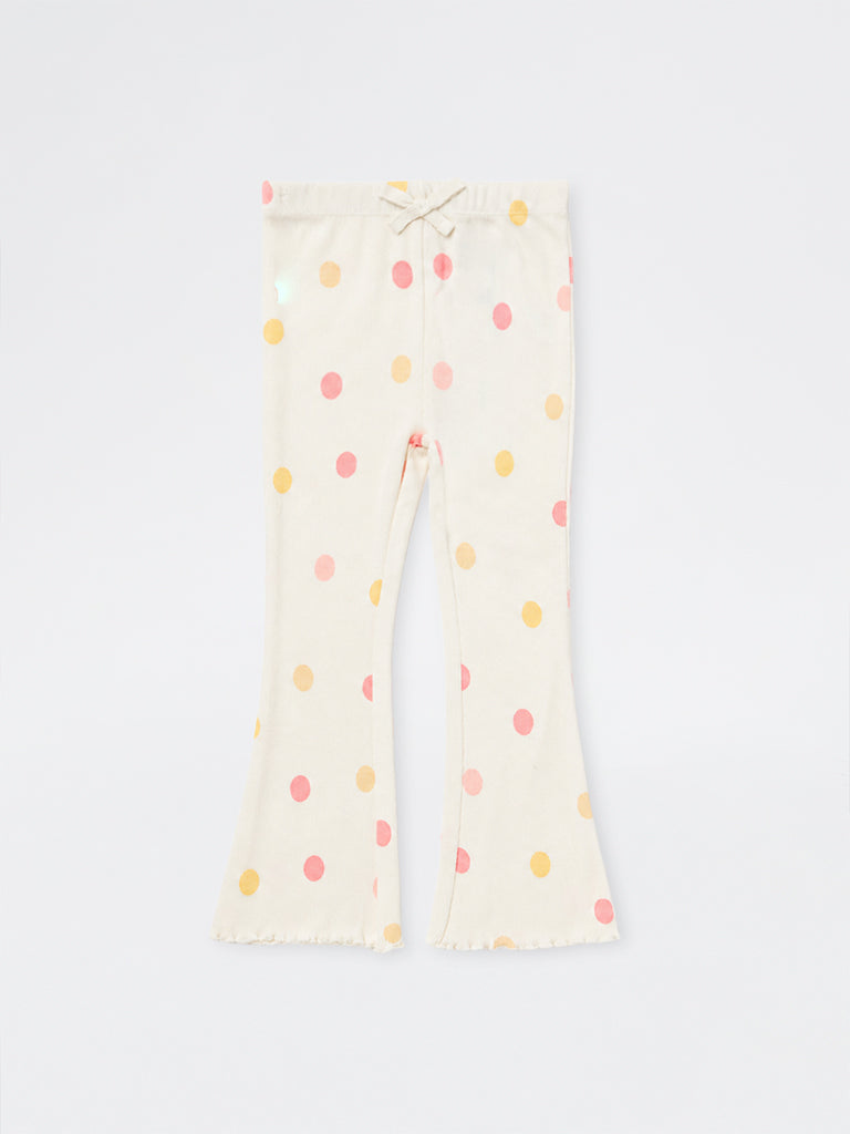 HOP Kids Girls Off-White Polka Dot High-Rise Cotton-Blend Pants