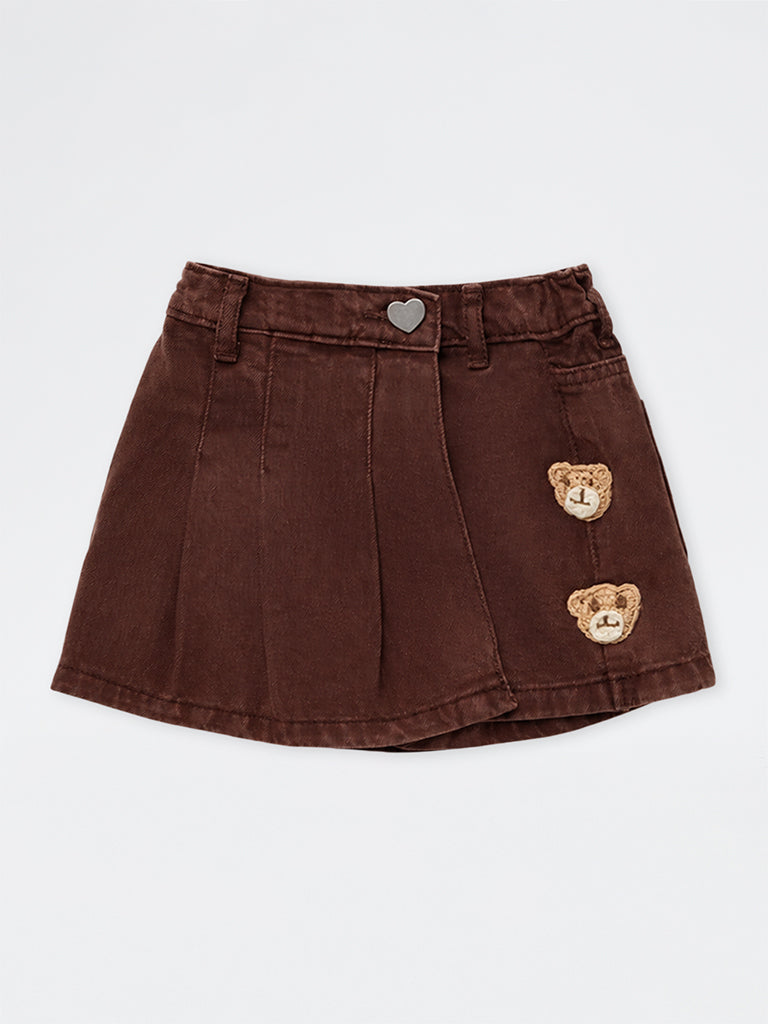 HOP Kids Girls Dark Brown Crochet-Detail High-Rise Denim Skorts
