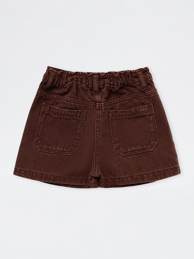 HOP Kids Girls Dark Brown Crochet-Detail High-Rise Denim Skorts
