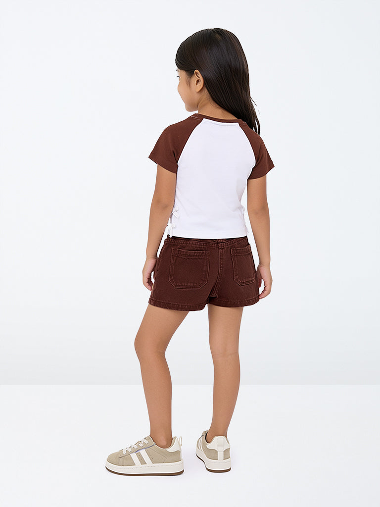 HOP Kids Girls Dark Brown Crochet-Detail High-Rise Denim Skorts