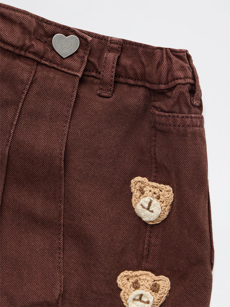 HOP Kids Girls Dark Brown Crochet-Detail High-Rise Denim Skorts
