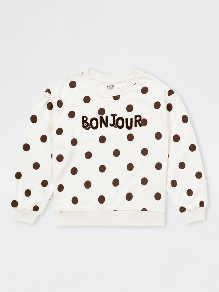 HOP Kids Girls Off-White Polka-Dot Printed Cotton-Blend Sweatshirt
