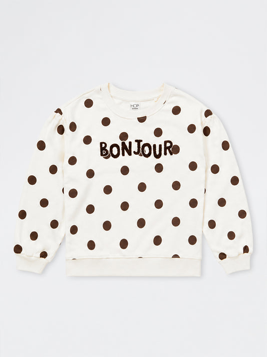 HOP Kids Girls Off-White Polka-Dot Printed Cotton-Blend Sweatshirt
