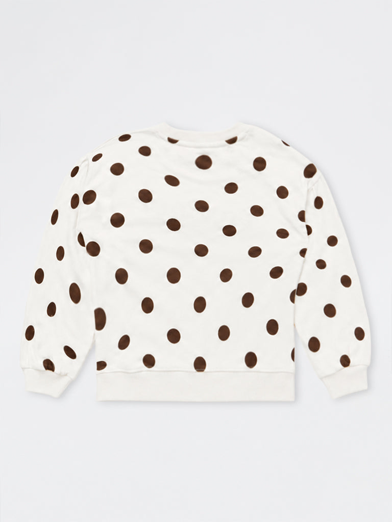 HOP Kids Girls Off-White Polka-Dot Printed Cotton-Blend Sweatshirt