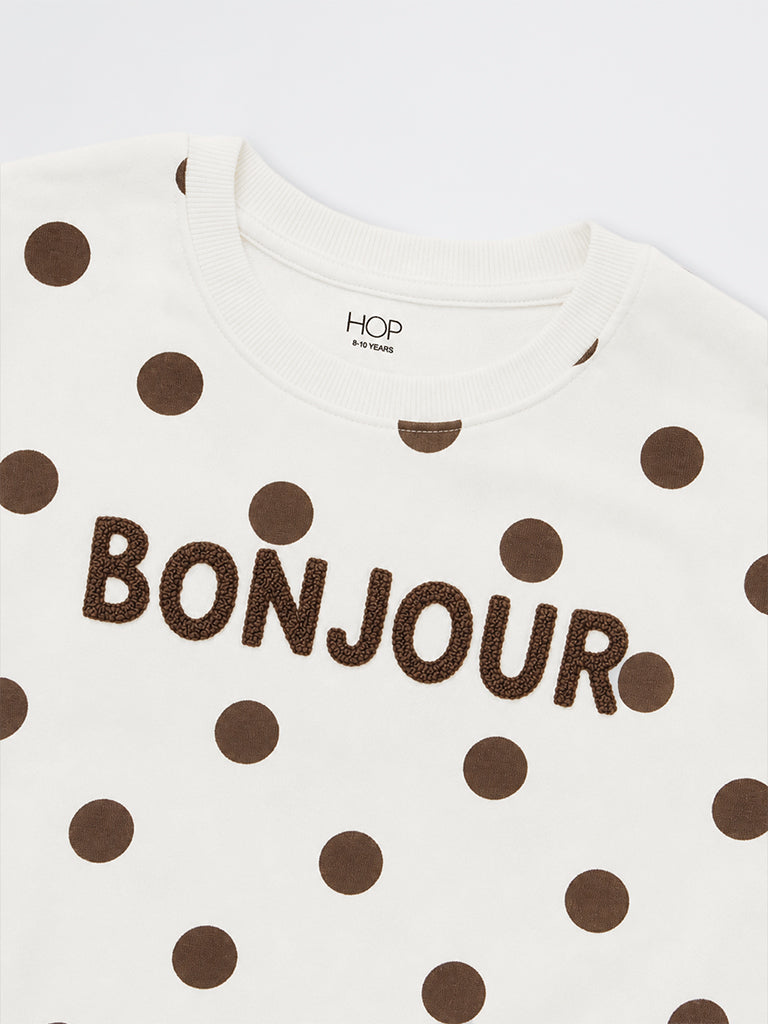 HOP Kids Girls Off-White Polka-Dot Printed Cotton-Blend Sweatshirt