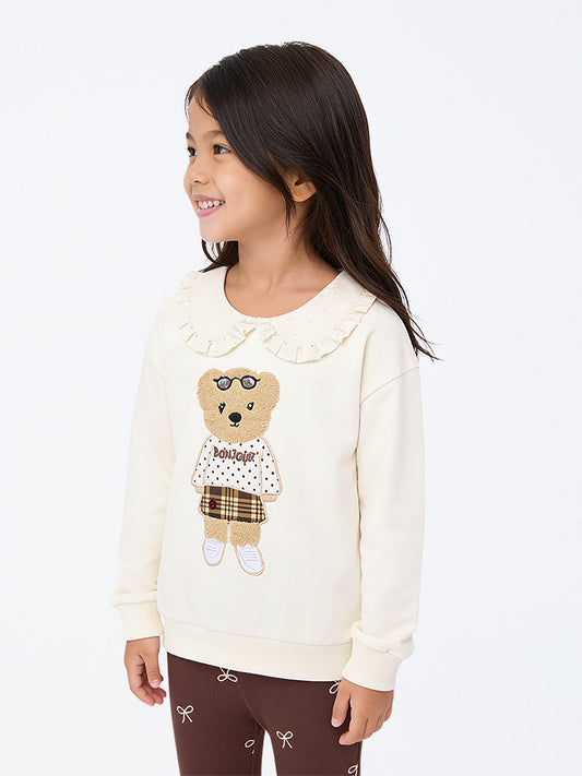 HOP Kids Girls Off-White Bear Embroidered Cotton Sweatshirt