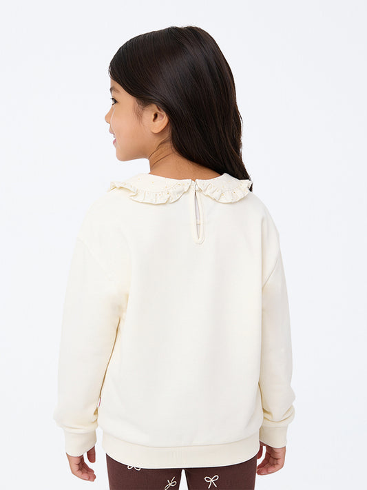 HOP Kids Girls Off-White Bear Embroidered Cotton Sweatshirt