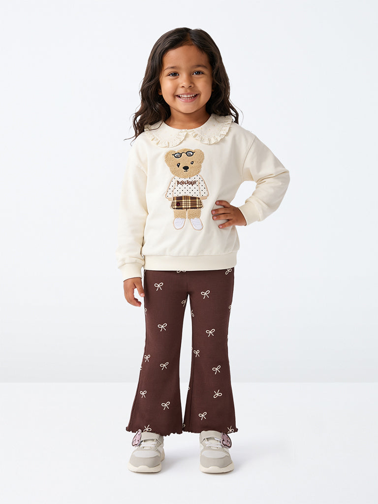 HOP Kids Girls Off-White Bear Embroidered Cotton Sweatshirt
