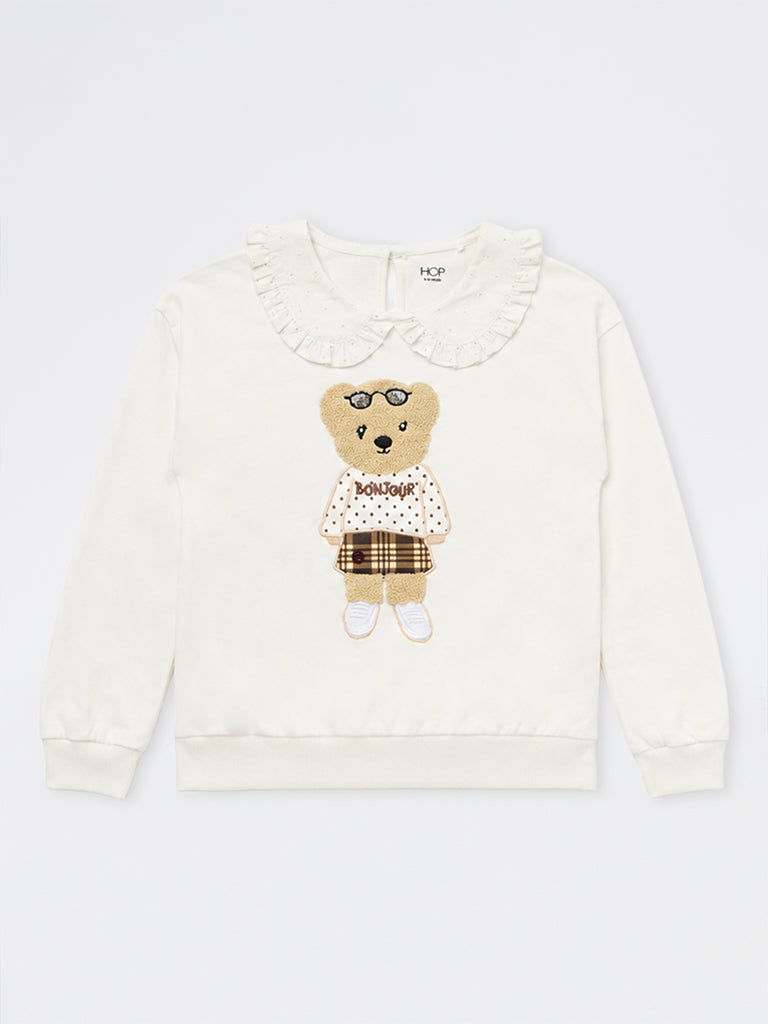 HOP Kids Girls Off-White Bear Embroidered Cotton Sweatshirt