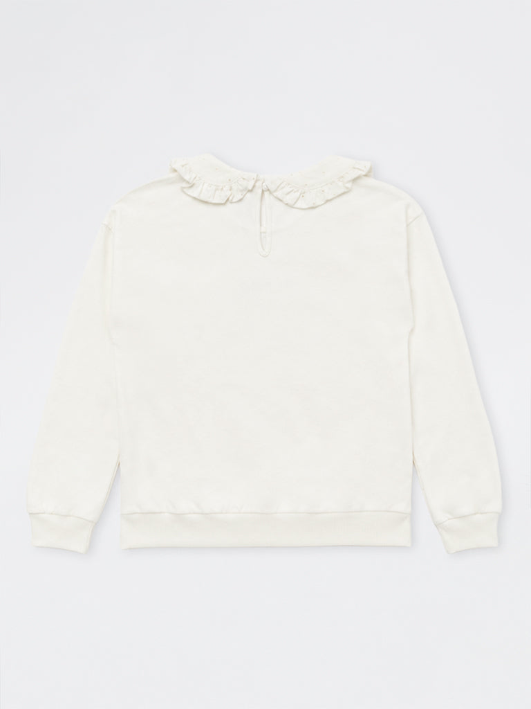 HOP Kids Girls Off-White Bear Embroidered Cotton Sweatshirt