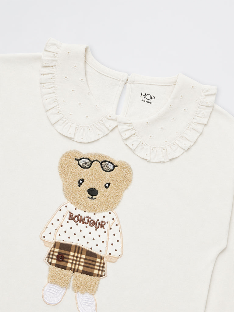 HOP Kids Girls Off-White Bear Embroidered Cotton Sweatshirt