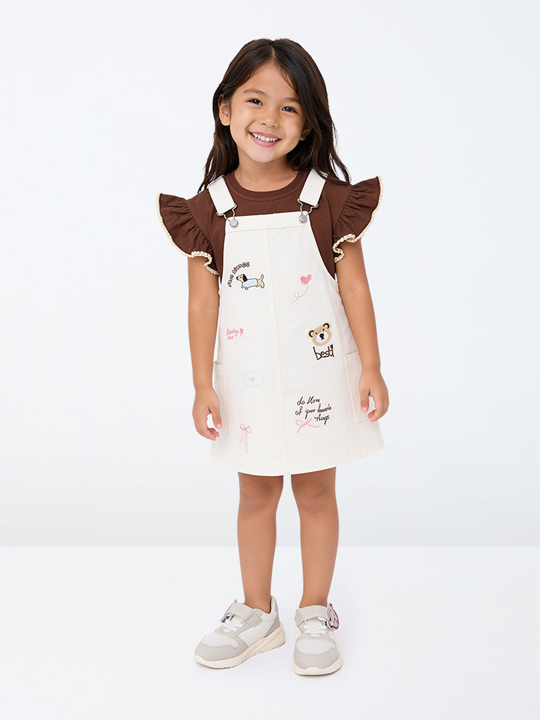 HOP Kids Girls Off-White Embroidered Cotton Pinafore with T-Shirt Set