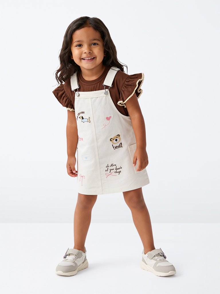 HOP Kids Girls Off-White Embroidered Cotton Pinafore with T-Shirt Set