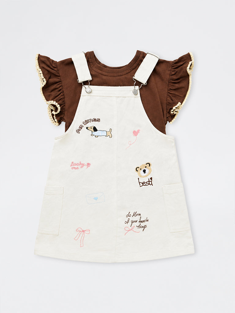 HOP Kids Girls Off-White Embroidered Cotton Pinafore with T-Shirt Set
