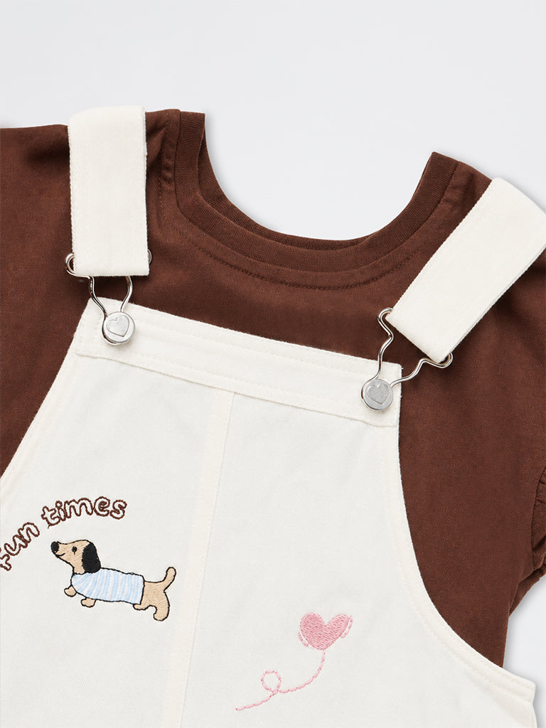 HOP Kids Girls Off-White Embroidered Cotton Pinafore with T-Shirt Set