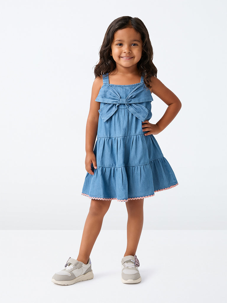 HOP Kids Girls Blue Bow-Design Cotton-Blend Tiered Dress
