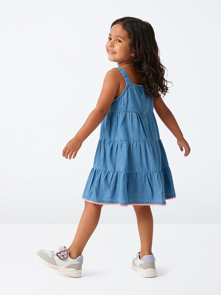 HOP Kids Girls Blue Bow-Design Cotton-Blend Tiered Dress