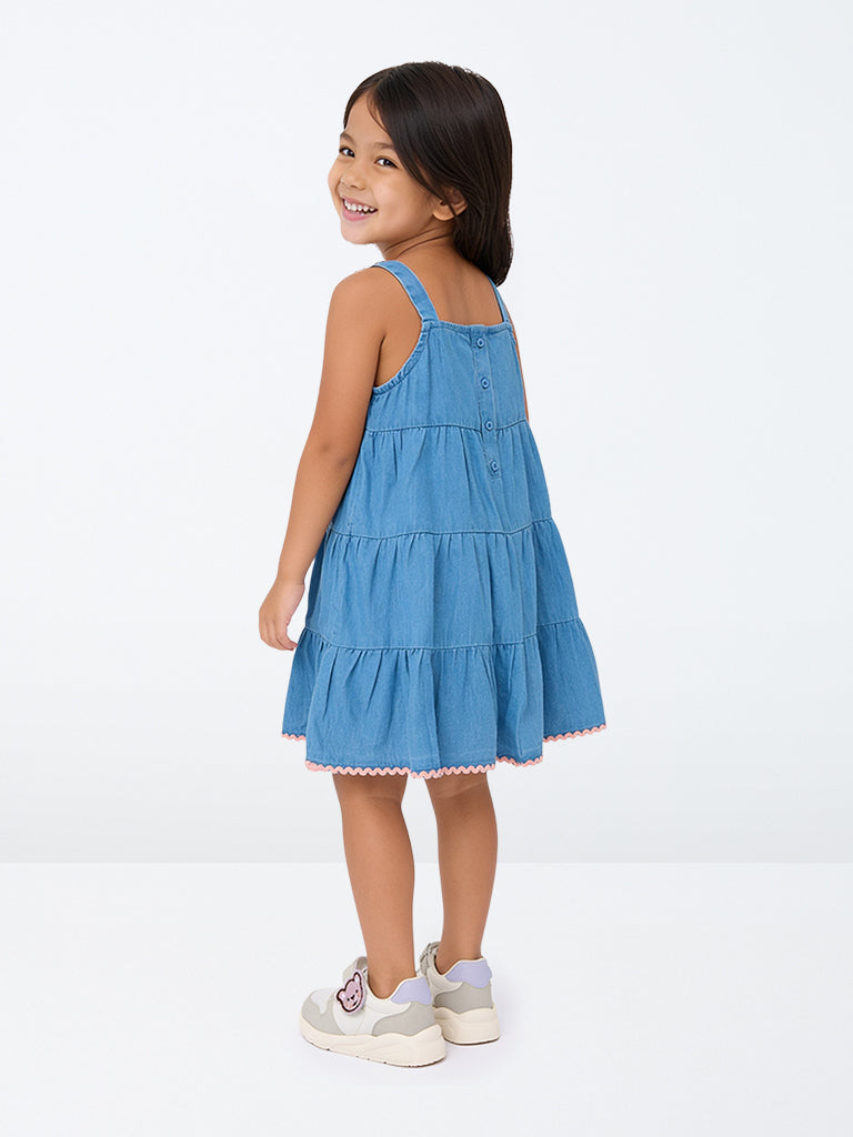 HOP Kids Girls Blue Bow-Design Cotton-Blend Tiered Dress