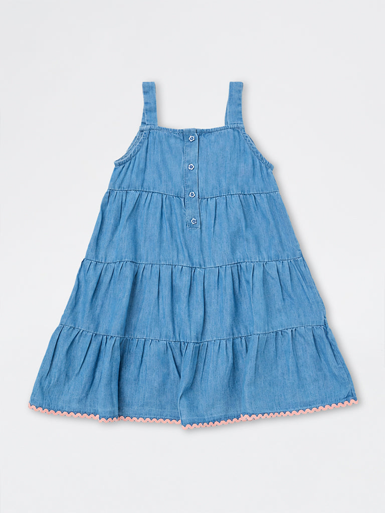 HOP Kids Girls Blue Bow-Design Cotton-Blend Tiered Dress