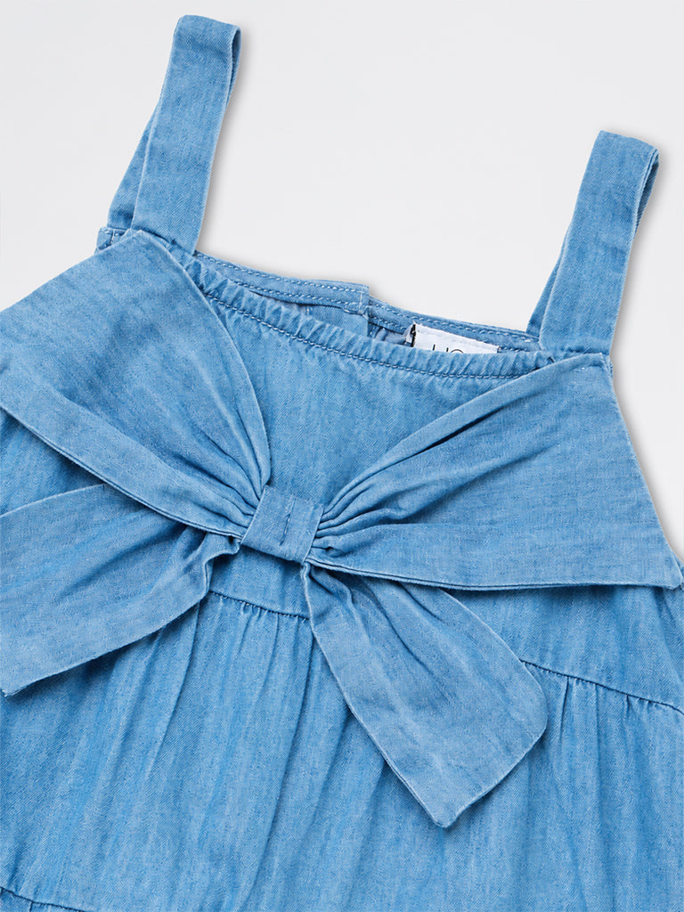 HOP Kids Girls Blue Bow-Design Cotton-Blend Tiered Dress