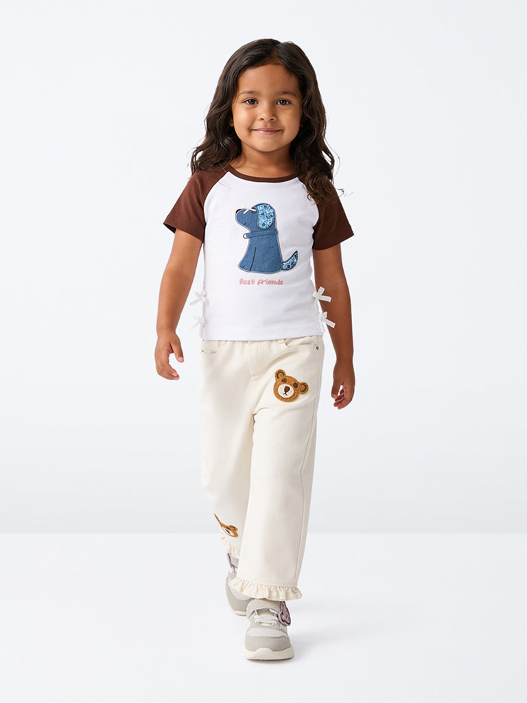 HOP Kids Girls White Animal Embroidered Cotton-Blend T-Shirt