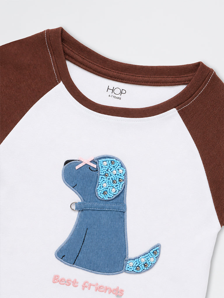 HOP Kids Girls White Animal Embroidered Cotton-Blend T-Shirt