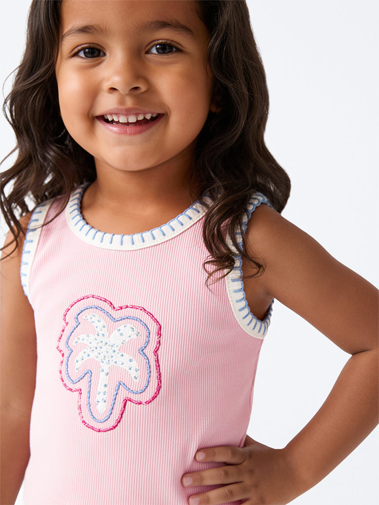 HOP Kids Girls Pink Palm-Tree Embellished Cotton Top