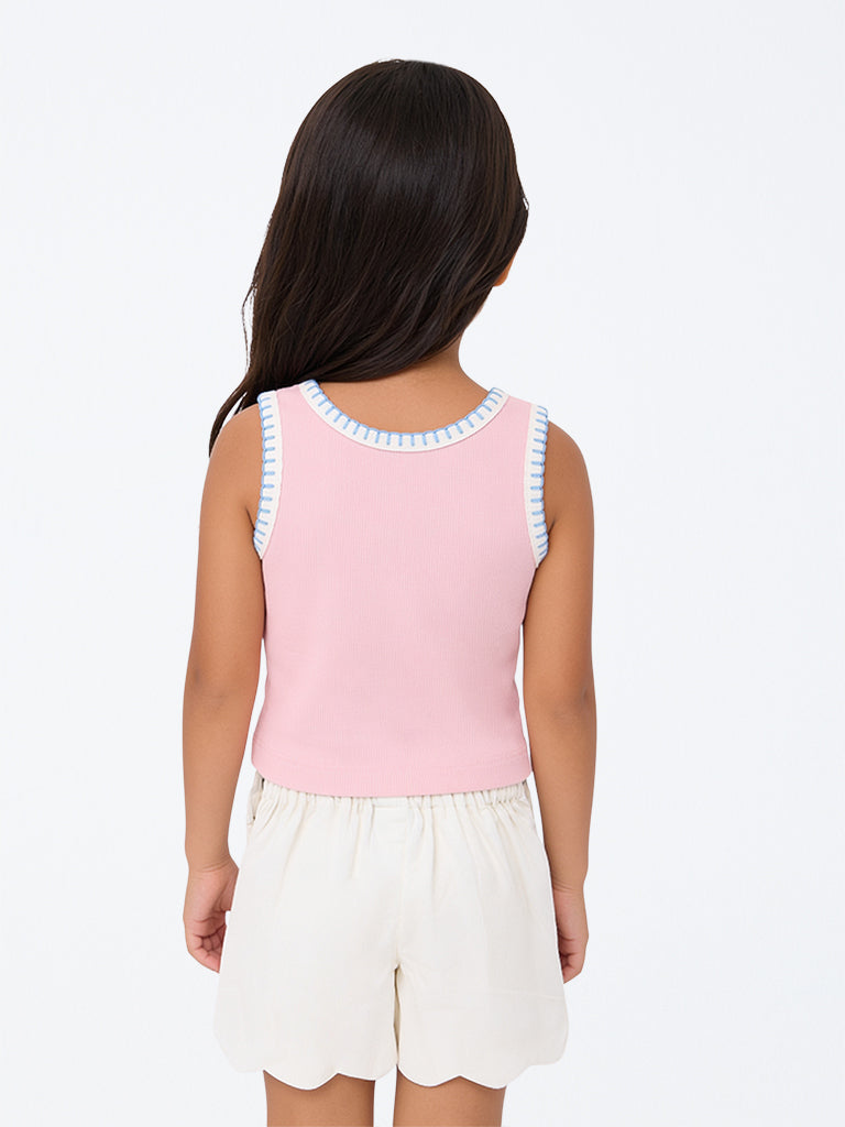 HOP Kids Girls Pink Palm-Tree Embellished Cotton Top