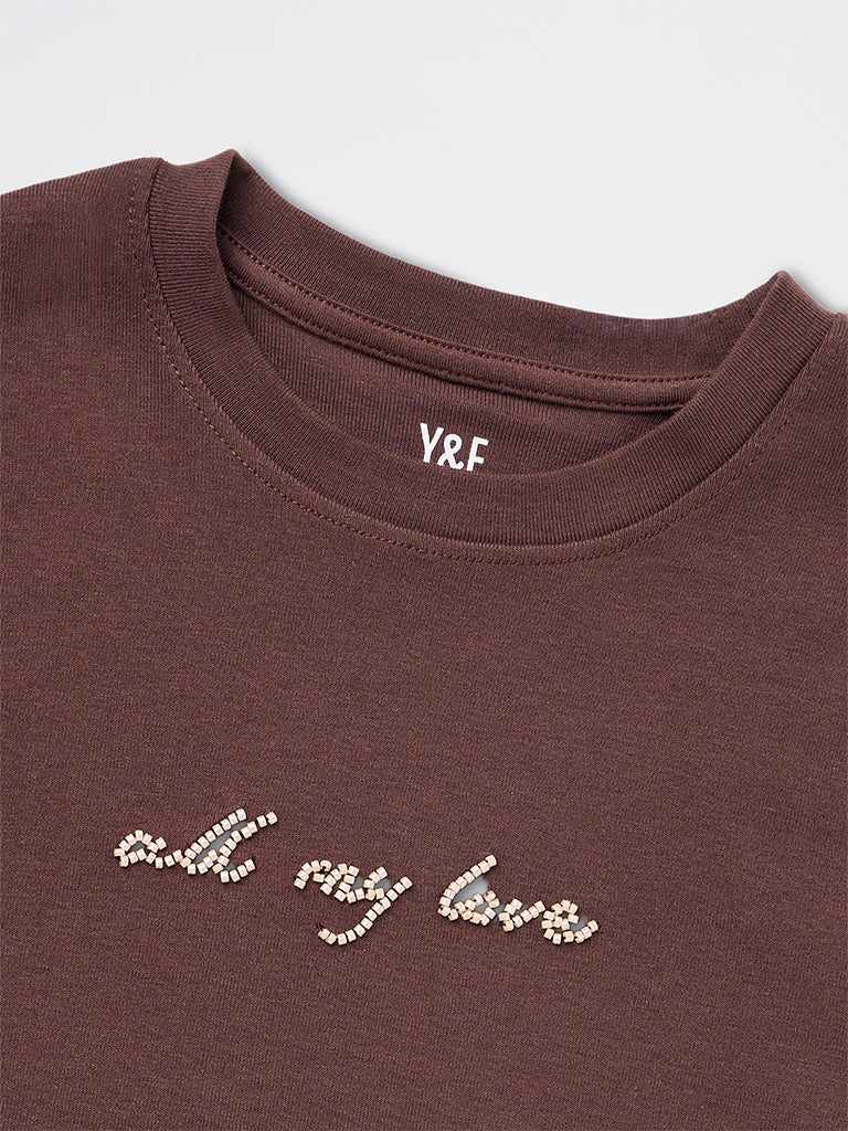 Girls Brown Text-Detailed Cotton-Blend T-Shirt
