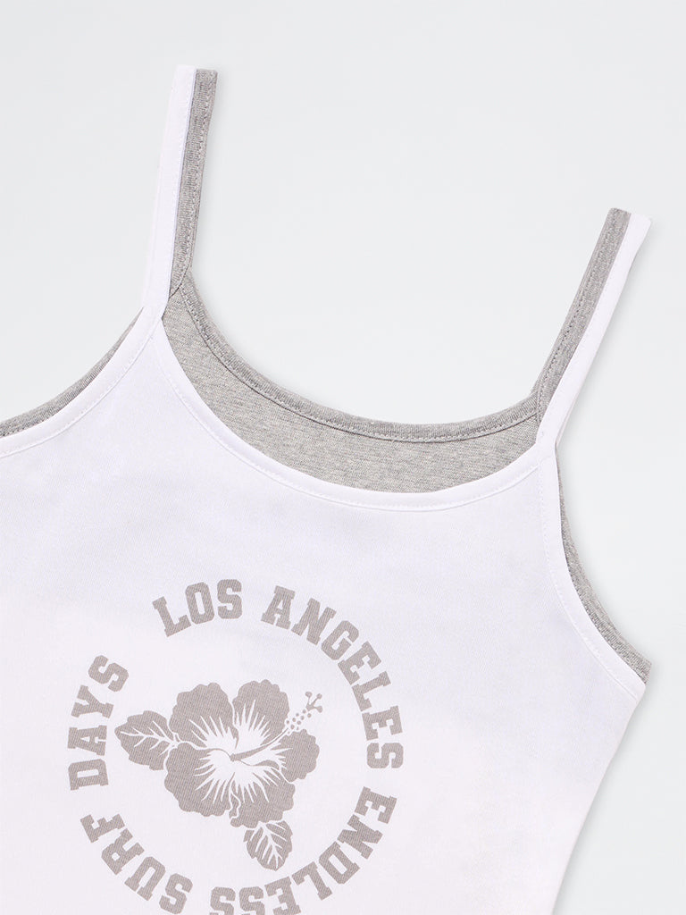 Girls White Graphic Printed Cotton-Blend Top