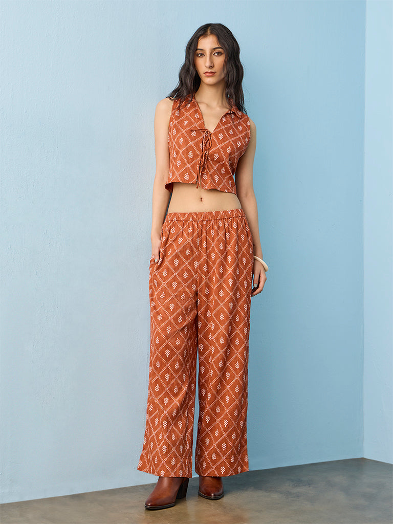 Bombay Paisley Rust Botanical Printed High-Rise Cotton Pants