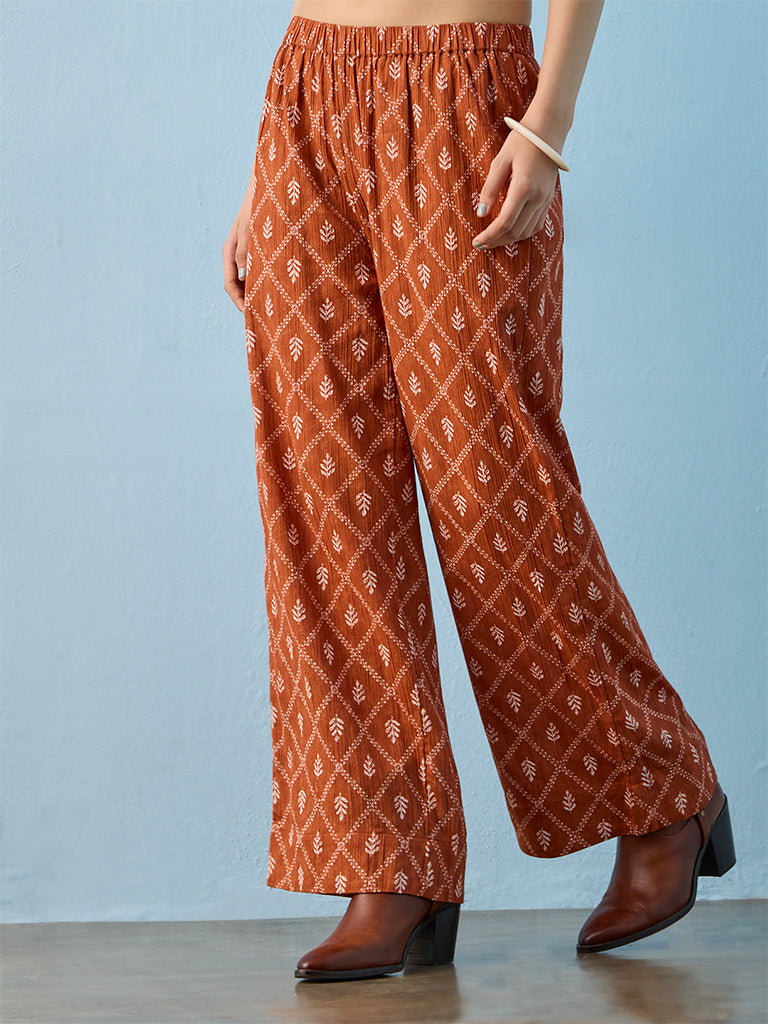 Bombay Paisley Rust Botanical Printed High-Rise Cotton Pants
