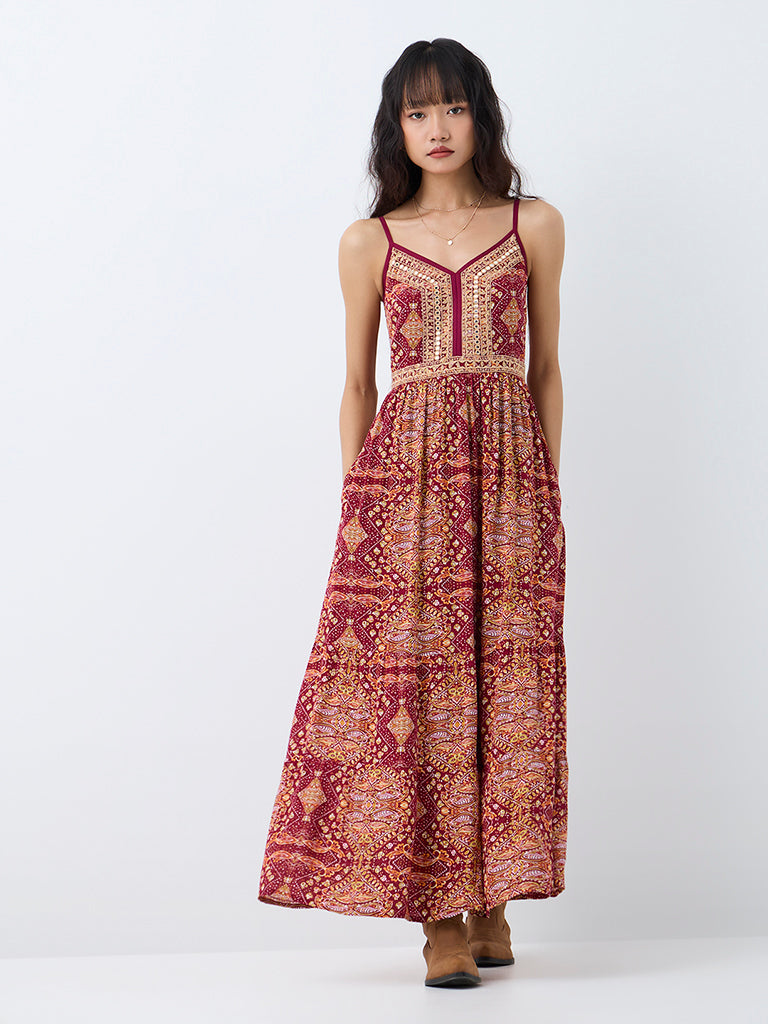 Bombay Paisley Maroon Printed A-Line Maxi Dress