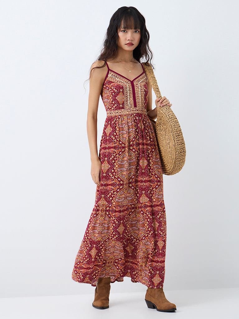 Bombay Paisley Maroon Printed A-Line Maxi Dress