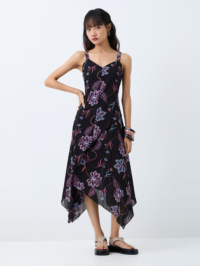 Bombay Paisley Black Floral Printed Asymmetrical Dress
