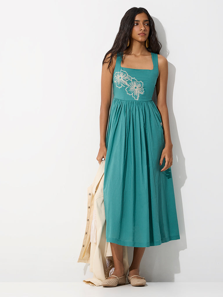 Bombay Paisley Teal Floral Embroidered Cotton A-Line Dress